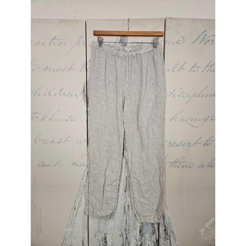 Eileen Fisher Pants Large Gray Pinstripe 100% Linen Elastic Waist Relaxed Beachy